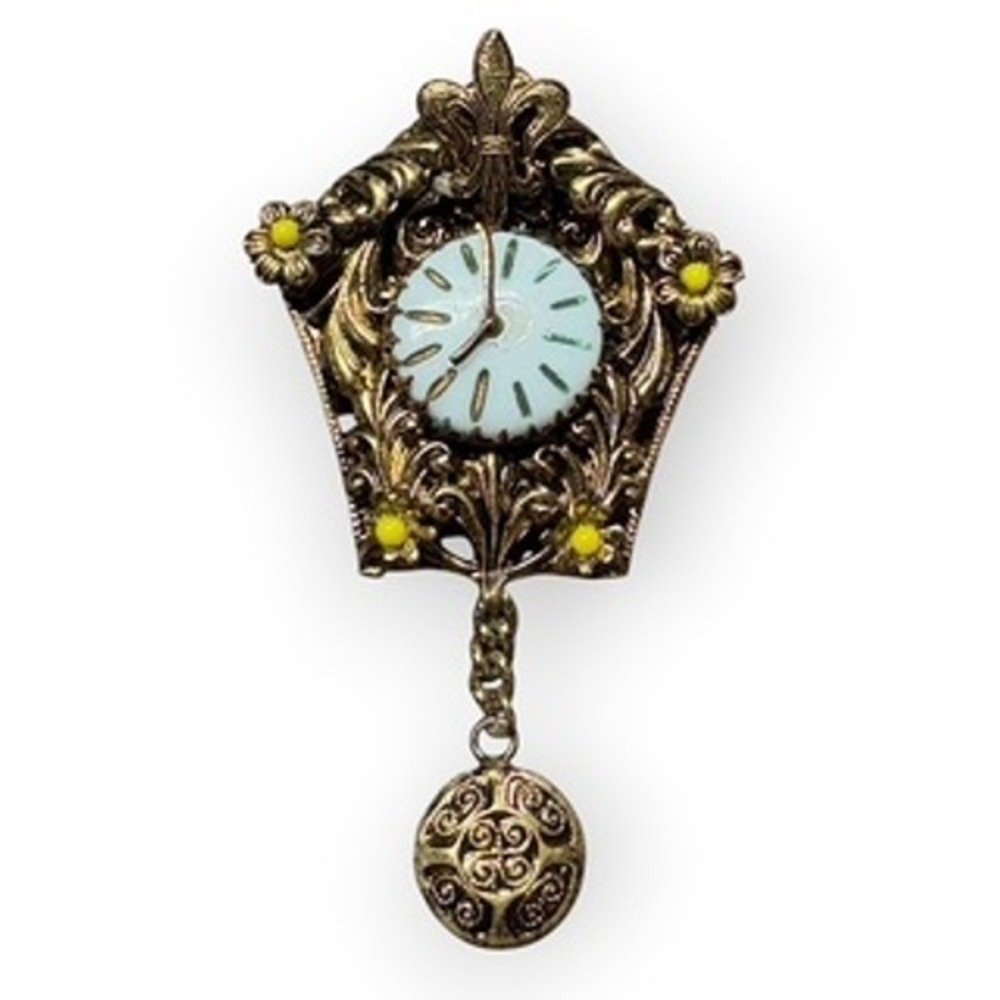 Vintage Cuckoo Clock Brooch Pendulum Novelty Gold Tone Excellent Czechoslovakia